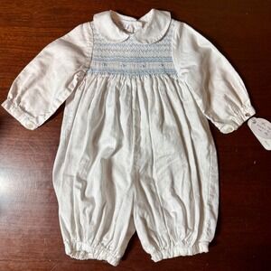Sophie Petit Creations Paris Baby Boy Smocked Romper 6M White Blue 100% Cotton